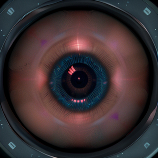 A close-up of a human eye overlaid with a complex, pulsating digital grid analyzing a 3d mammogram image.